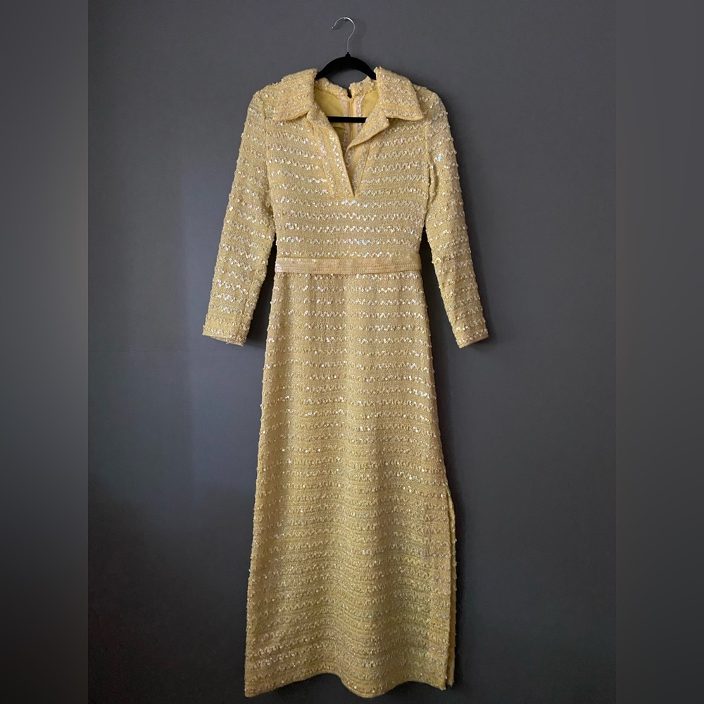 SOLD Vintage 1960s Yellow Sequin Knit Dress with Belt and Scarf